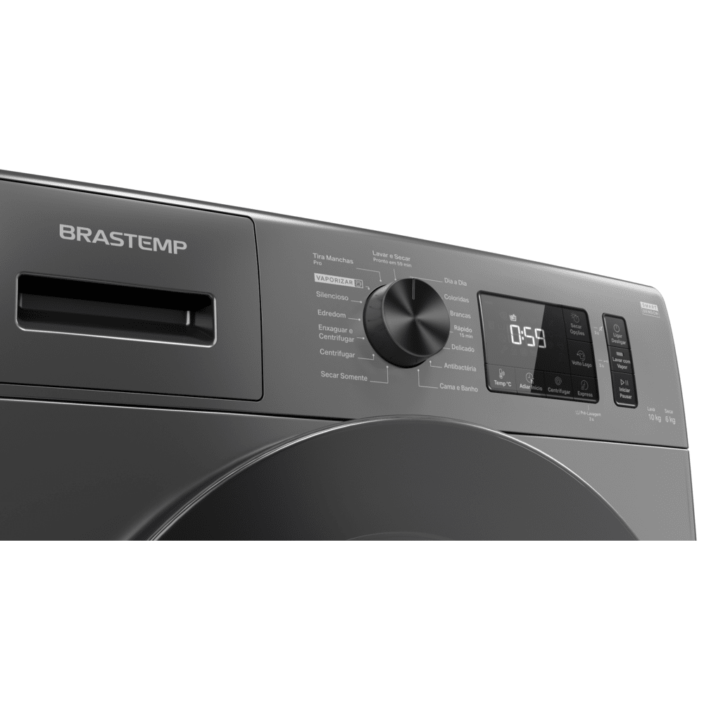 Encontraproduto.com.br - Lava e Seca Brastemp 10kg/6kg titanium com Smart Sensor, Lavar com Vapor e Função Secagem - BNO10AS