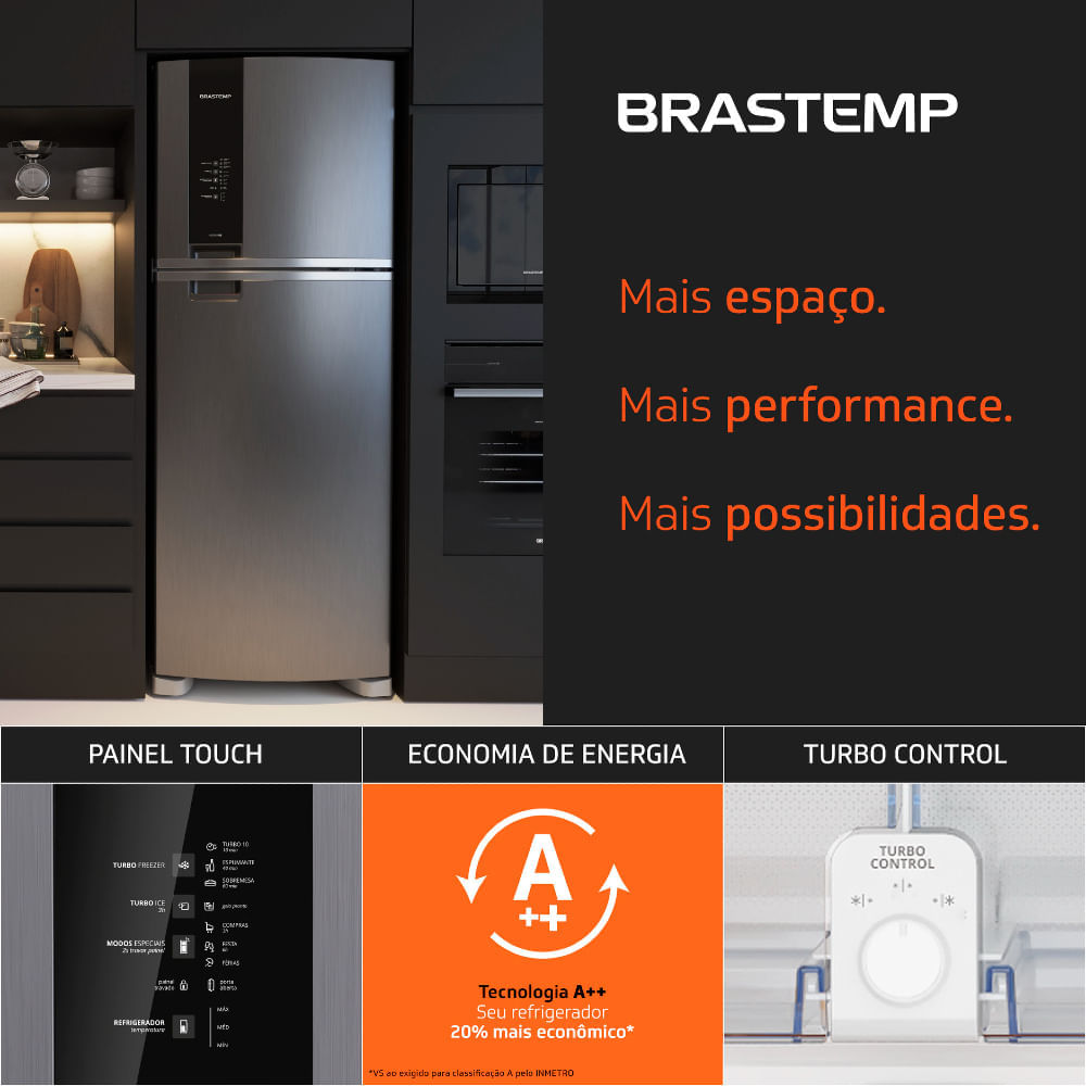 Encontraproduto.com.br - Geladeira Brastemp Frost Free Duplex 462 litros cor Inox* com Painel Eletrônico e Turbo control  - BRM55BKBS3_WBOM_JI4363110