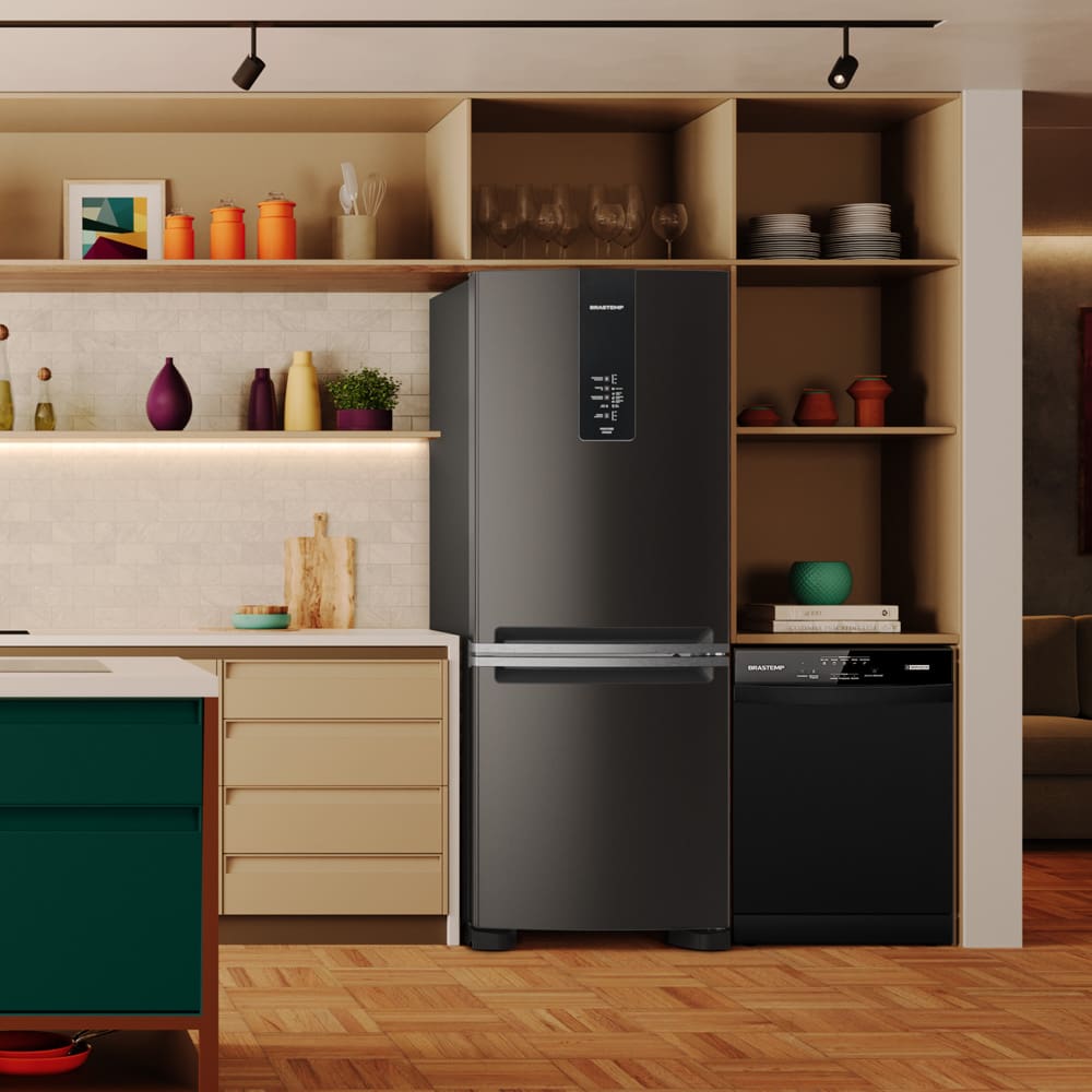 Encontraproduto.com.br - Geladeira Brastemp Eclipse Collection Frost Free Inverse A+++ 447 litros cor Black Inox com Smart Flow e Fresh Box - BRE57FE