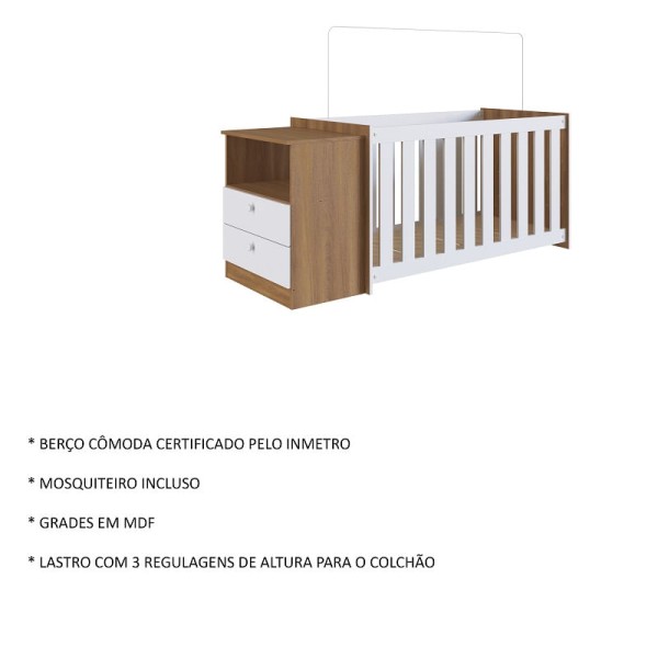 Encontraproduto.com.br - Conjunto Kit Berço Regulagem Cômoda 2 gavetas Infantil Bebê Nogal Aconchego Completa
