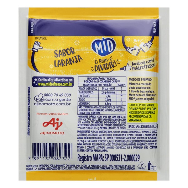 Encontraproduto.com.br - Refresco em Pó Mid Laranja Envelope com 20g