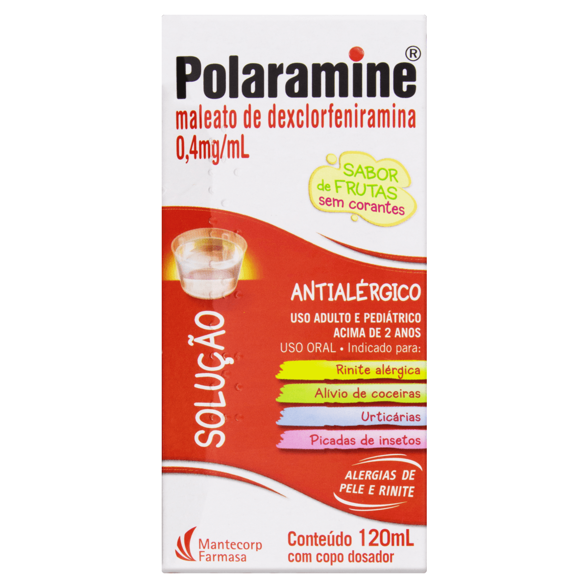 Encontraproduto.com.br - Polaramine 0,4mg/ml Frutas Mantecorp Farmasa Caixa 120ml + Copo Dosador