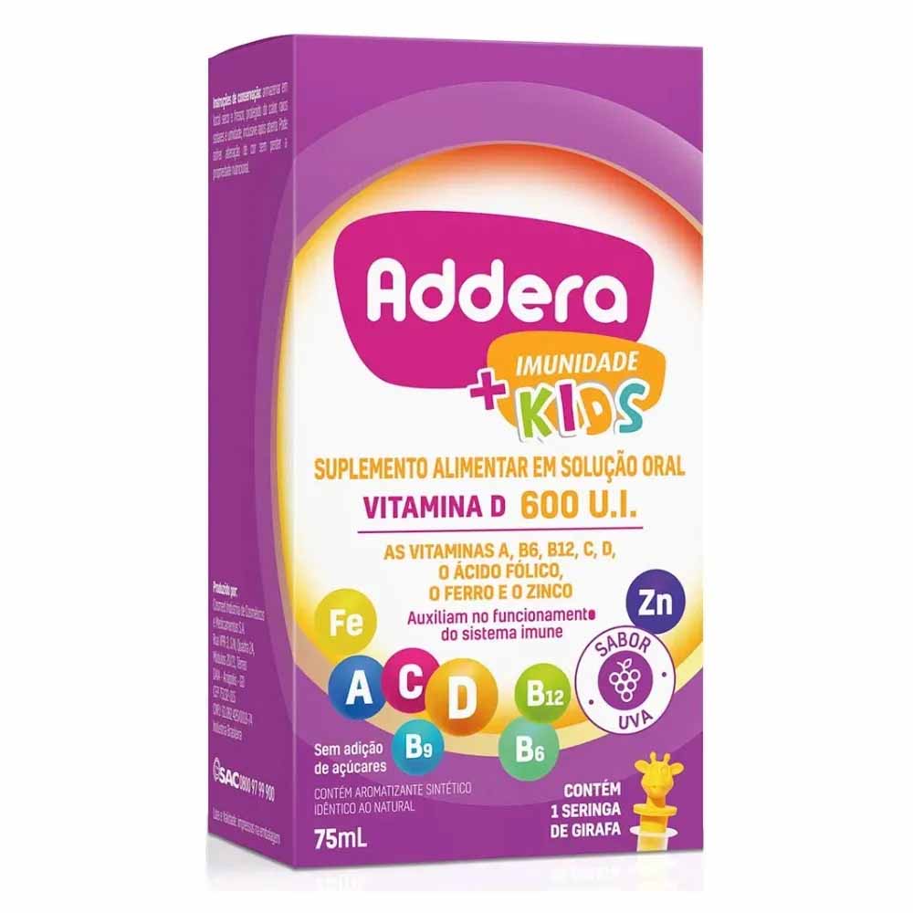 Encontraproduto.com.br - Suplemento Alimentar Addera Imunidade + Kids 600 U.I Sabor Uva 75ml + Seringa de Girafa