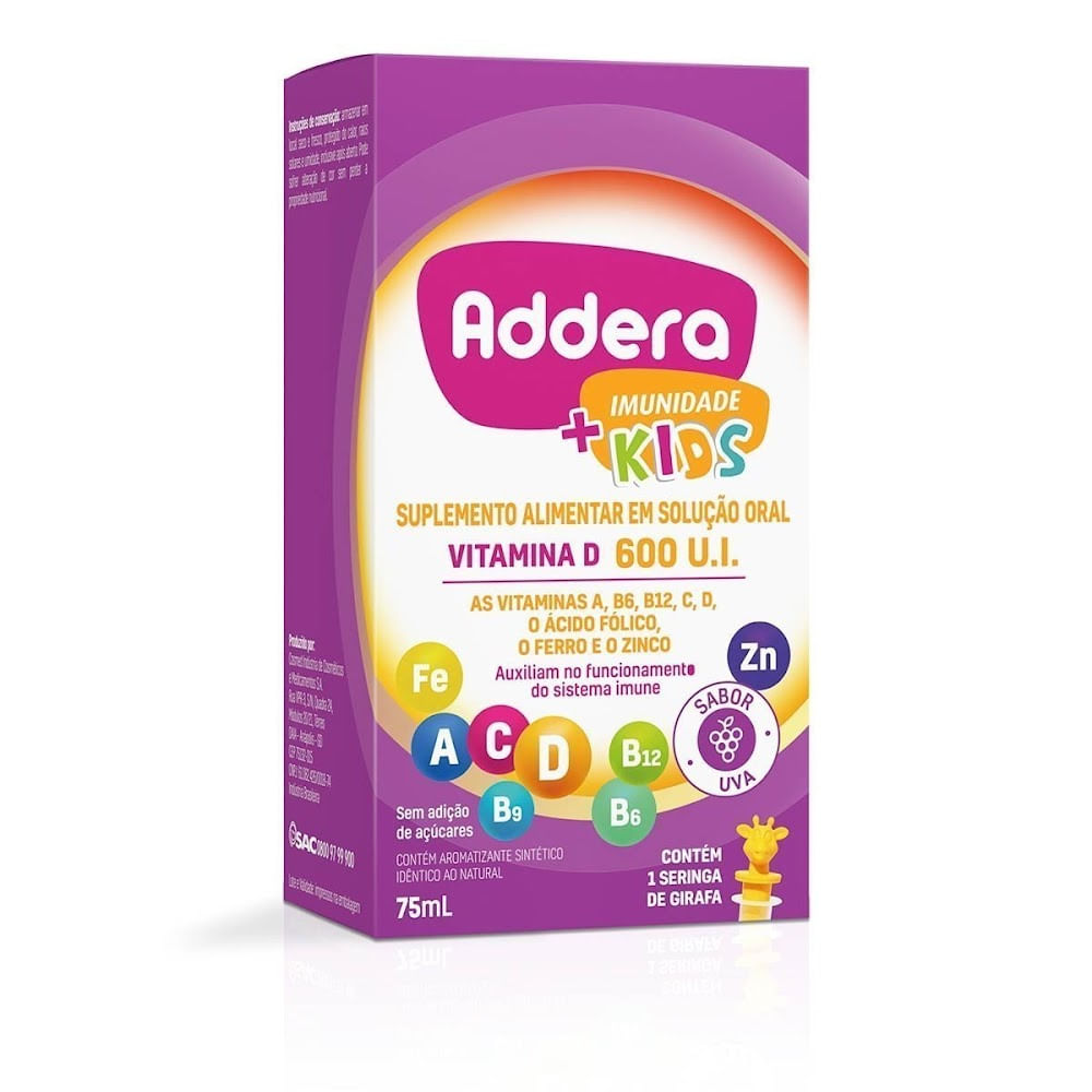 Encontraproduto.com.br - Suplemento Alimentar Addera Imunidade + Kids 600 U.I Sabor Uva 75ml + Seringa de Girafa