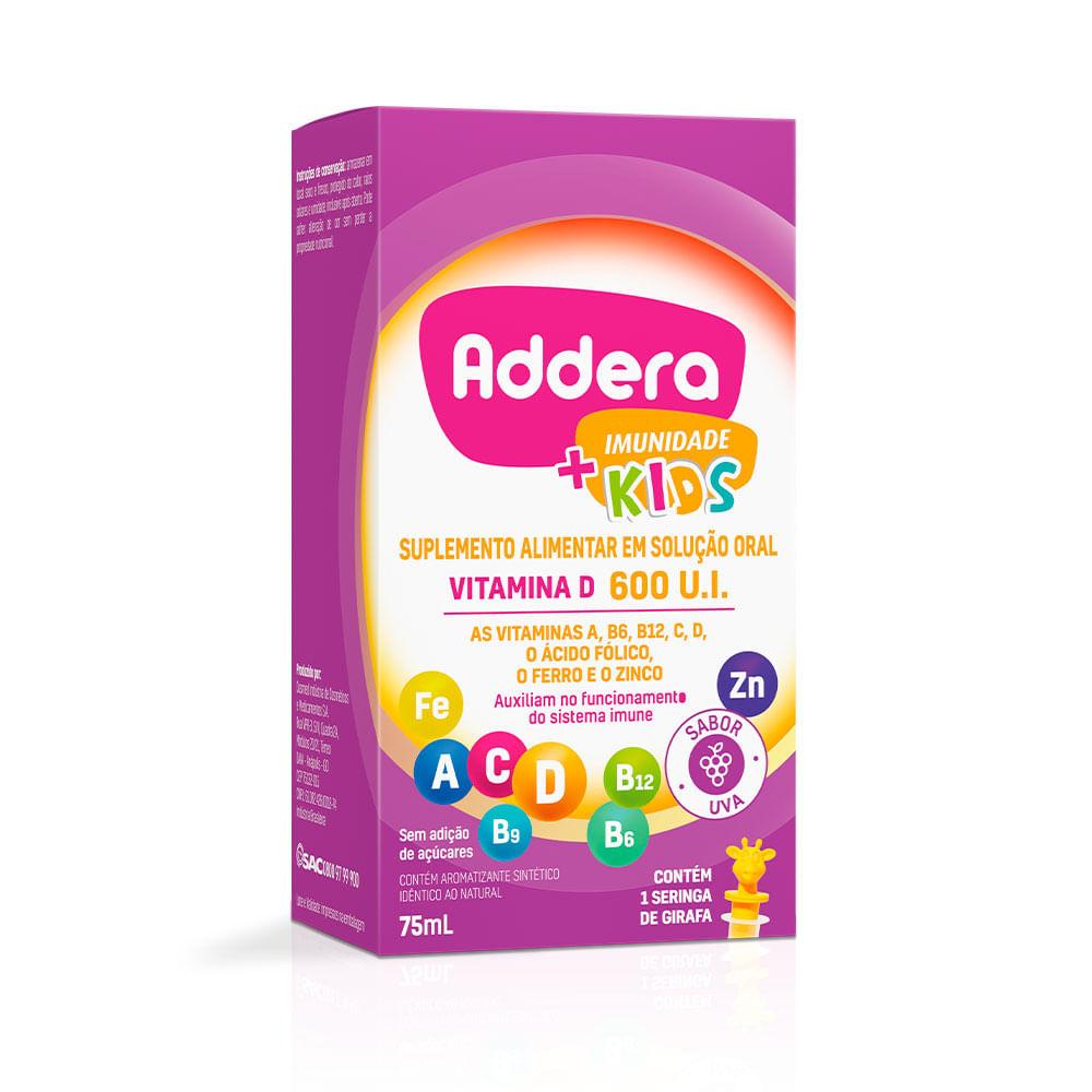 Encontraproduto.com.br - Suplemento Alimentar Addera Imunidade + Kids 600 U.I Sabor Uva 75ml + Seringa de Girafa