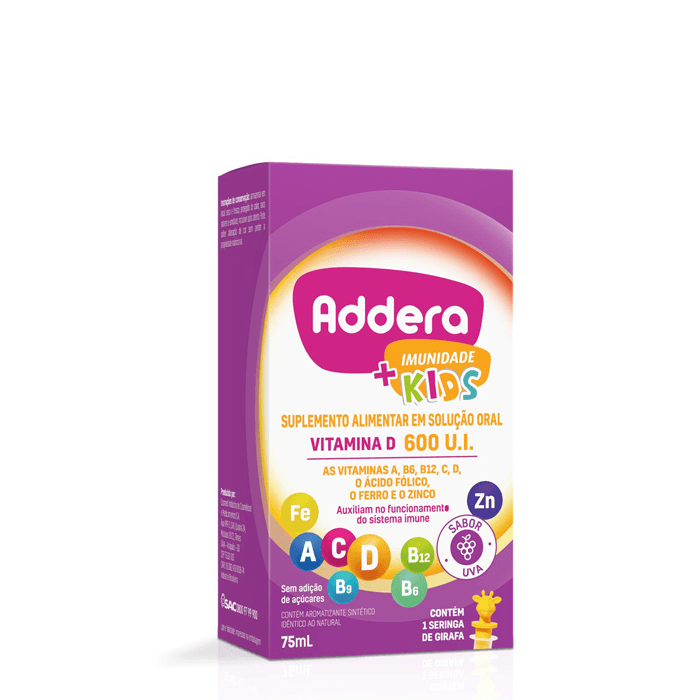 Encontraproduto.com.br - Suplemento Alimentar Addera Imunidade + Kids 600 U.I Sabor Uva 75ml + Seringa de Girafa