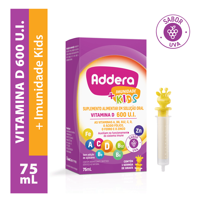 Encontraproduto.com.br - Suplemento Alimentar Addera Imunidade + Kids 600 U.I Sabor Uva 75ml + Seringa de Girafa