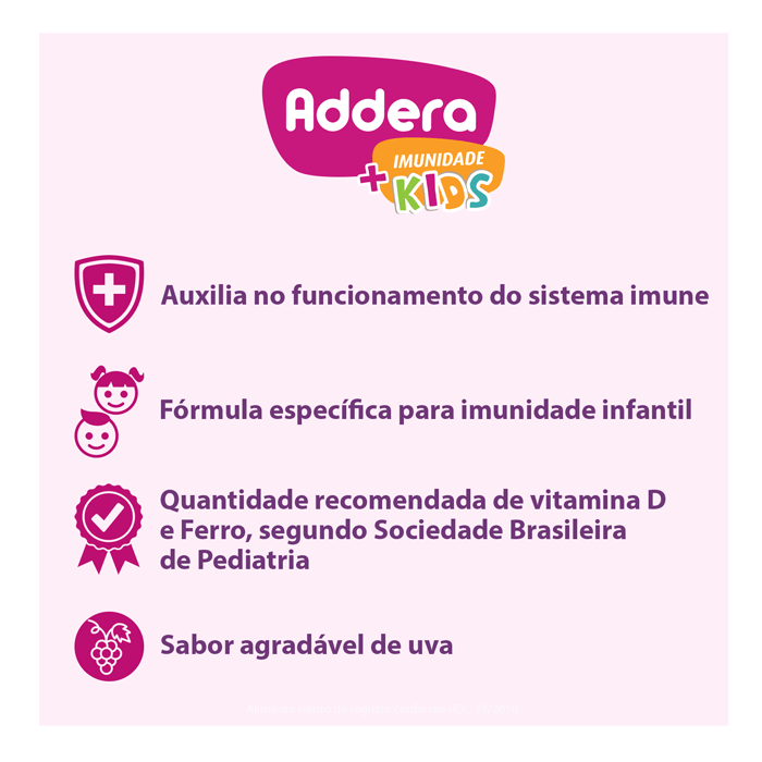 Encontraproduto.com.br - Suplemento Alimentar Addera Imunidade + Kids 600 U.I Sabor Uva 75ml + Seringa de Girafa