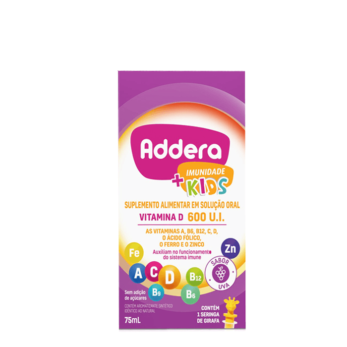 Encontraproduto.com.br - Suplemento Alimentar Addera Imunidade + Kids 600 U.I Sabor Uva 75ml + Seringa de Girafa