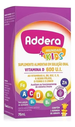 Encontraproduto.com.br - Suplemento Alimentar Addera Imunidade + Kids 600 U.I Sabor Uva 75ml + Seringa de Girafa