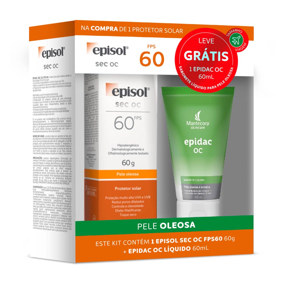 Encontraproduto.com.br - Kit Protetor Solar Episol Sec Oc Fps 60 com 60g + Epidac Oc Líquido com 60ml