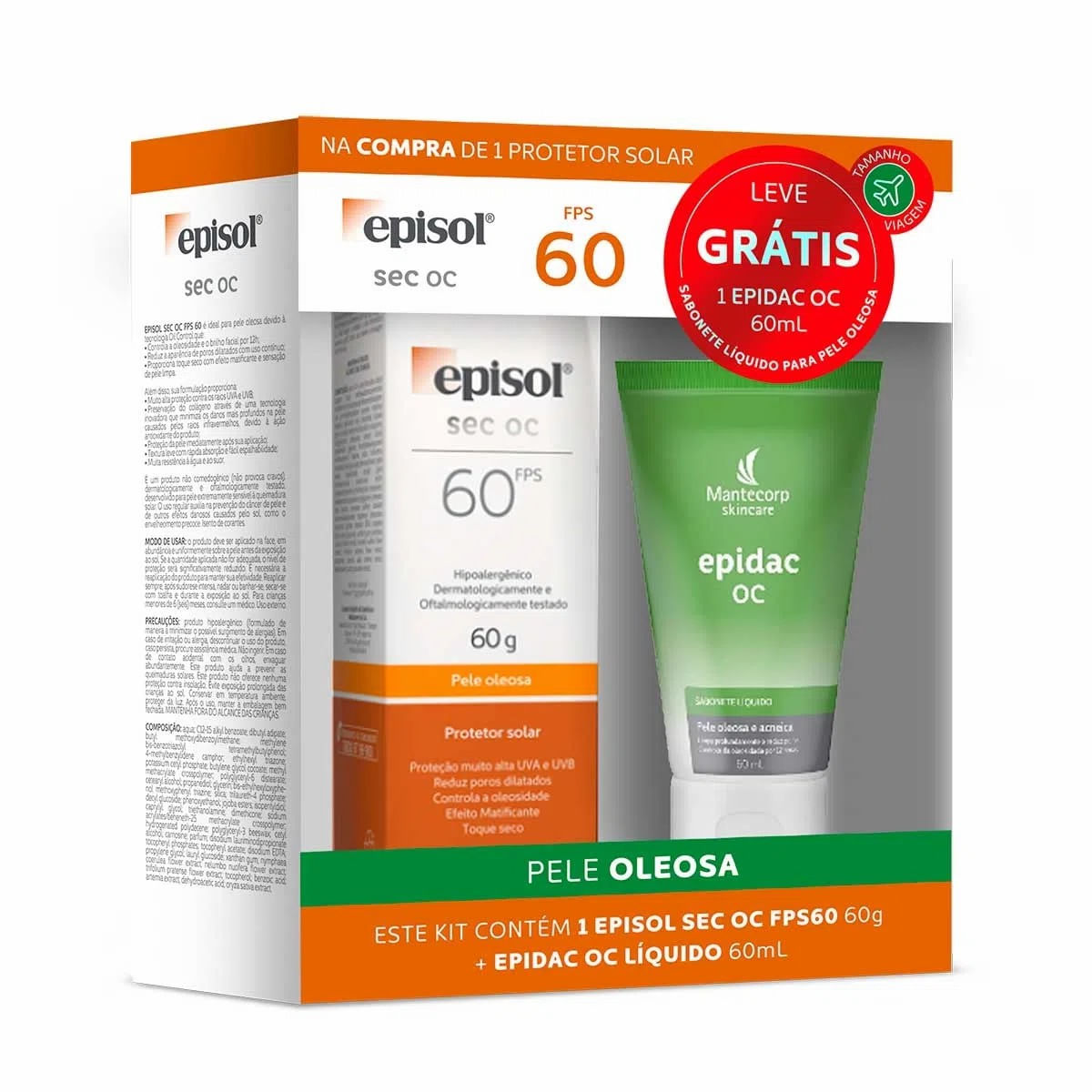 Encontraproduto.com.br - Kit Protetor Solar Episol Sec Oc Fps 60 com 60g + Epidac Oc Líquido com 60ml