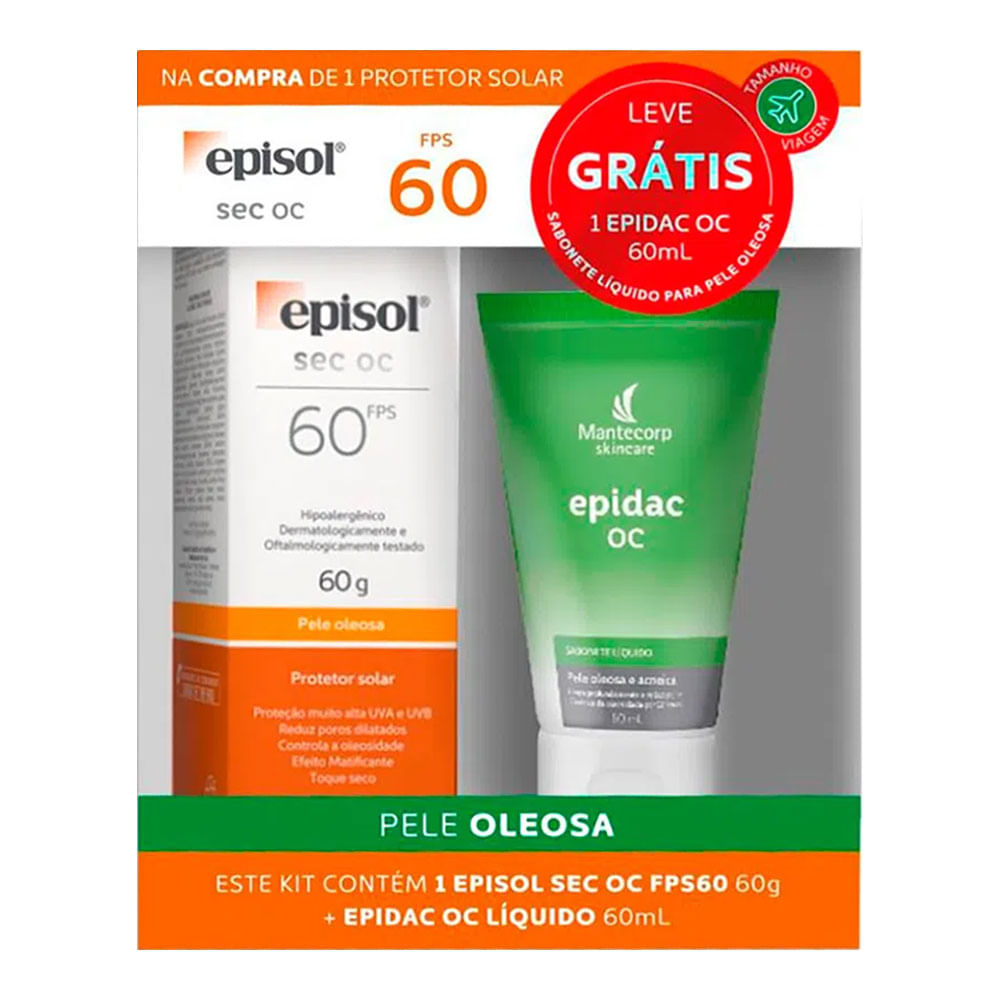 Encontraproduto.com.br - Kit Protetor Solar Episol Sec Oc Fps 60 com 60g + Epidac Oc Líquido com 60ml
