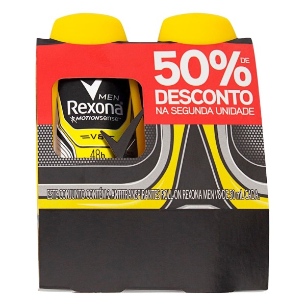 Encontraproduto.com.br - Pack Antitranspirante Roll-On Rexona Men V8 Motionsense Frasco 50ml c/ 2 Unid Leve Mais Pague Menos