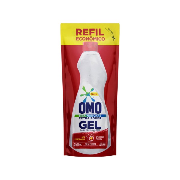 Encontraproduto.com.br - Tira-Manchas Gel Roupas Brancas e Coloridas Pré-Lavagem Omo Extra Poder Sachê 450ml Refil Econômico