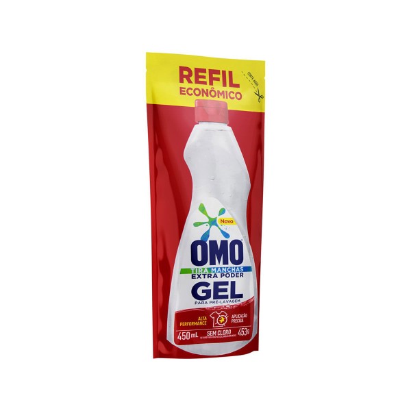 Encontraproduto.com.br - Tira-Manchas Gel Roupas Brancas e Coloridas Pré-Lavagem Omo Extra Poder Sachê 450ml Refil Econômico