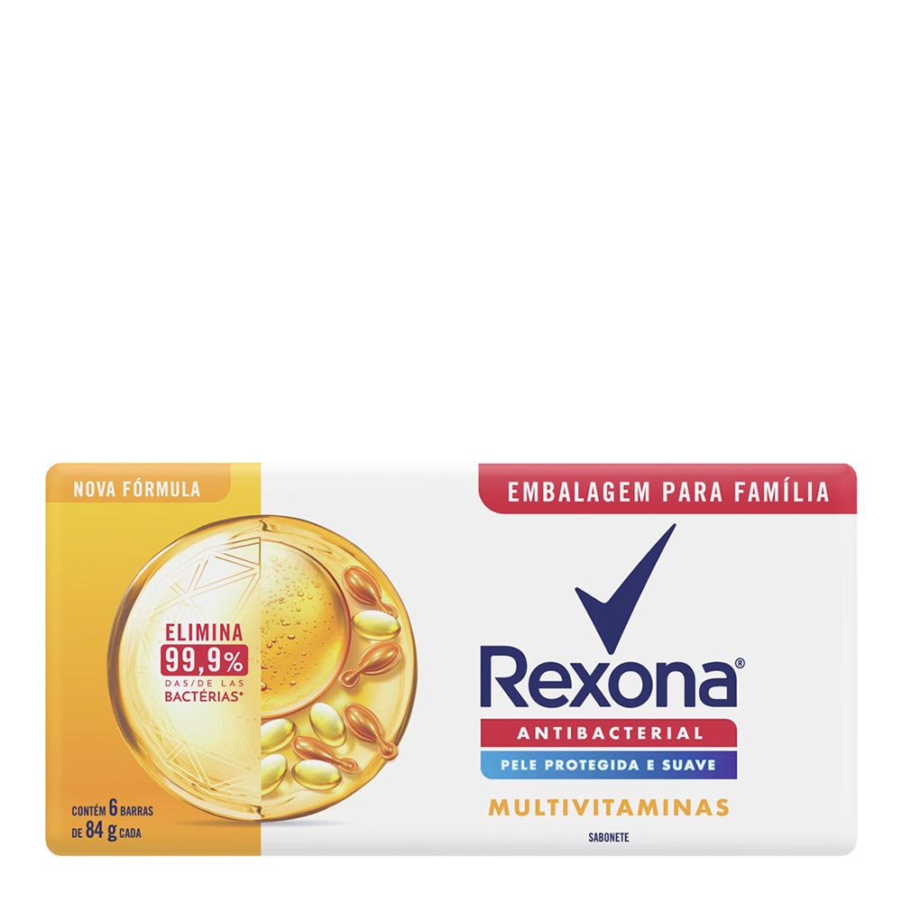 Sabonete em Barra Antibacterial Rexona Multivitaminas Envoltório 84g c/ 6 Unid Embalagem Família