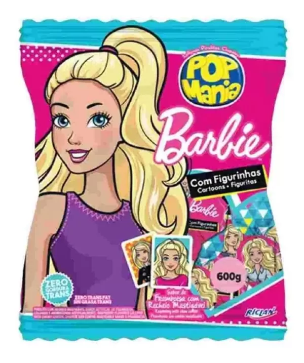 Encontraproduto.com.br - Pirulito Pop Mania Barbie Framboesa Recheio Mastigavel c/50 - Riclan