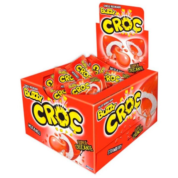 Encontraproduto.com.br - Chiclete Buzzy Recheado Croc Morango c/40 - Riclan