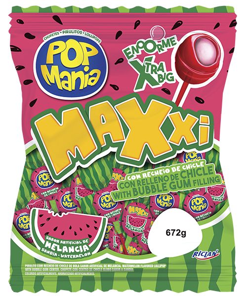 Encontraproduto.com.br - Pirulito Pop Mania Maxxi Melancia Recheio Chiclete c/24 - Riclan