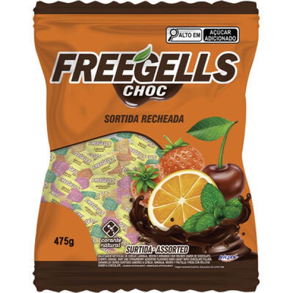 Encontraproduto.com.br - Bala Riclan Freegells Recheada Chocolate Pacote com 475g