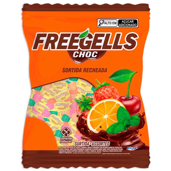 Encontraproduto.com.br - Bala Riclan Freegells Recheada Chocolate Pacote com 475g