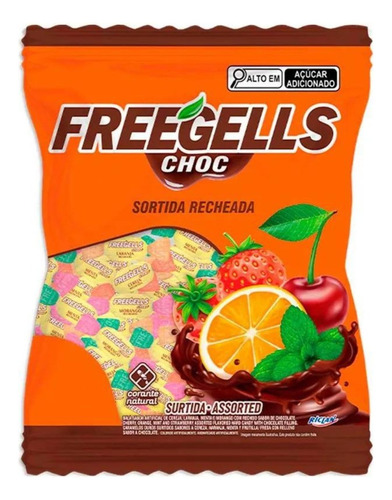 Encontraproduto.com.br - Bala Riclan Freegells Recheada Chocolate Pacote com 475g
