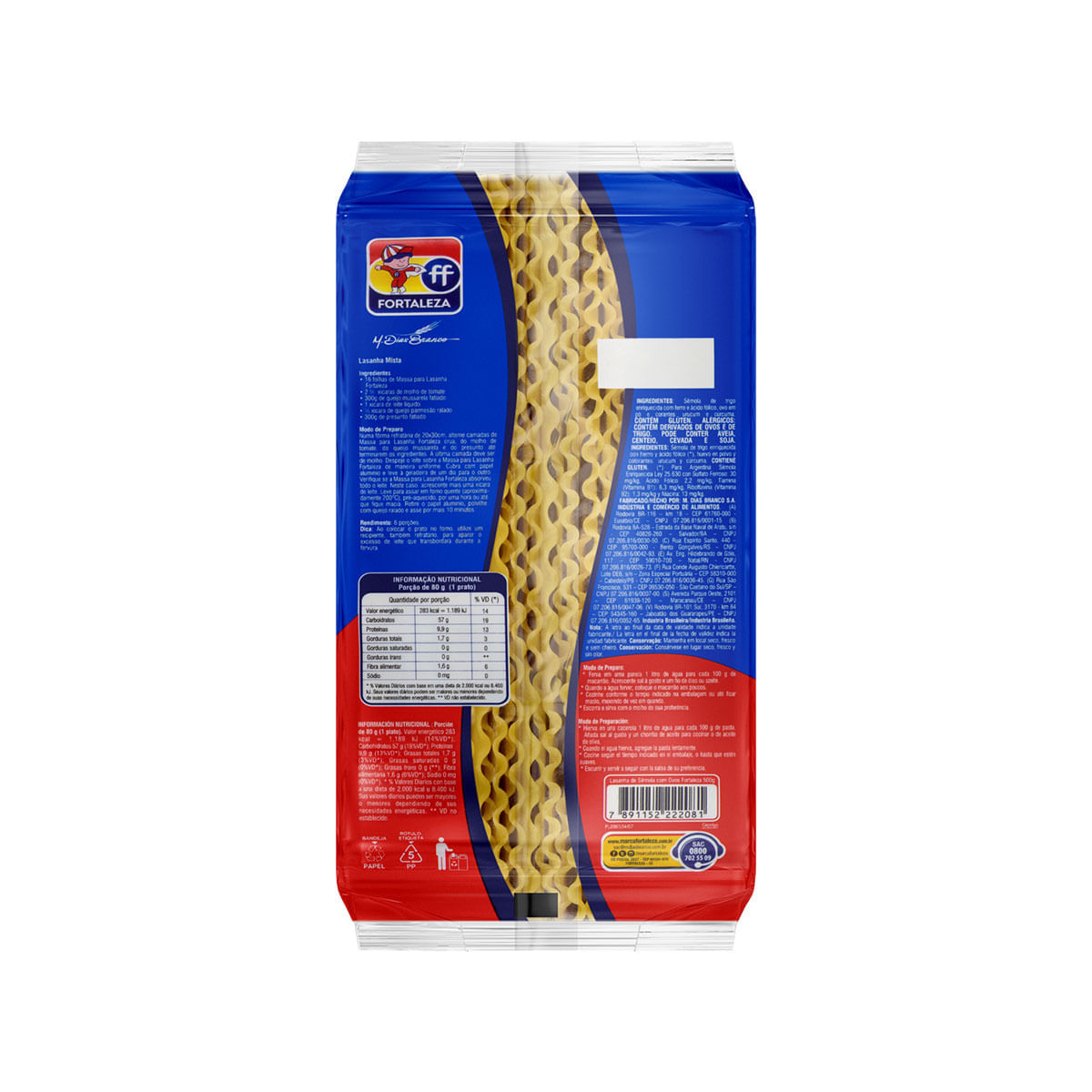Encontraproduto.com.br - MASSA PARA LASANHA COM OVOS FORTALEZA 500G
