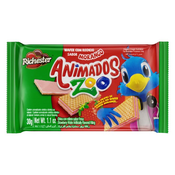 Encontraproduto.com.br - Biscoito Wafer Richester Animados Zoo Morango Pacote com 30g