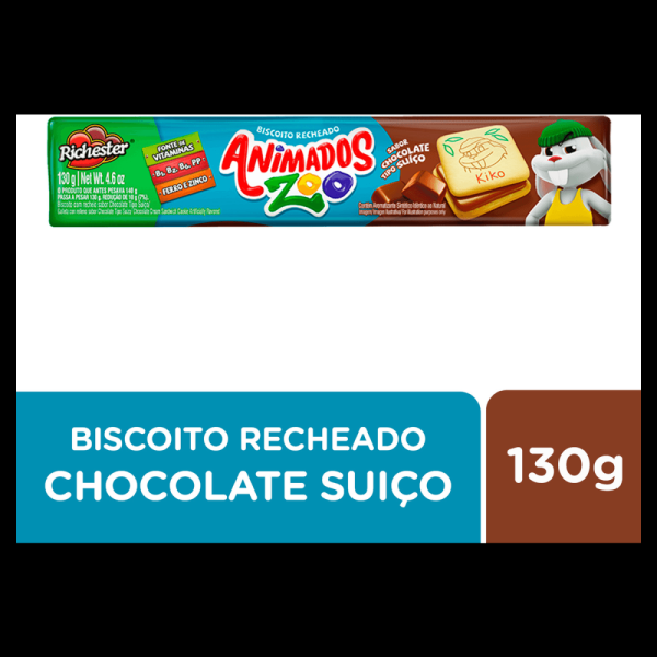 Biscoito Recheio Chocolate Tipo Suíço Richester Animados Zoo Pacote 130g