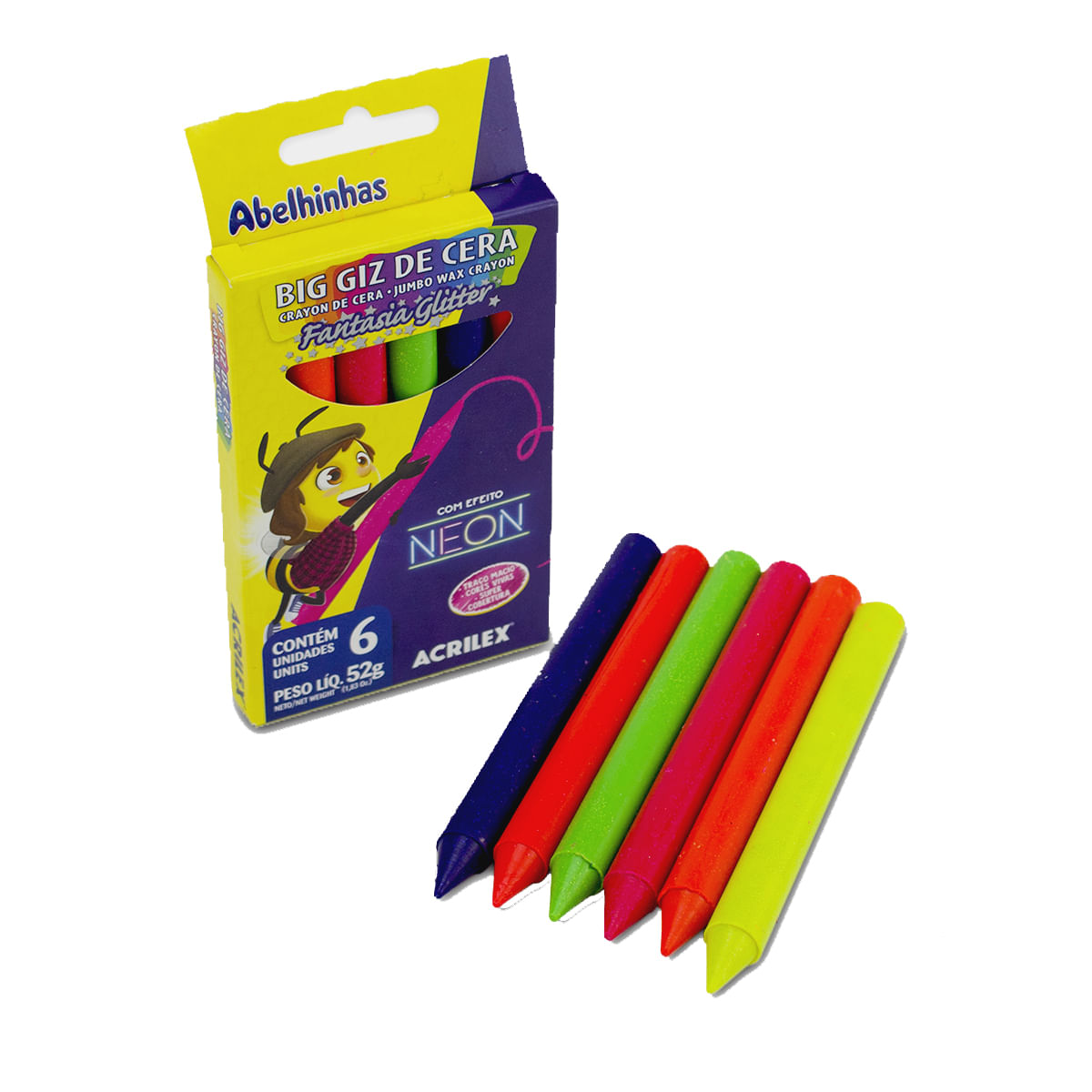 Encontraproduto.com.br - Big Giz de Cera 6 Cores 52g Fantasia Glitter Neon Acrilex - 09806