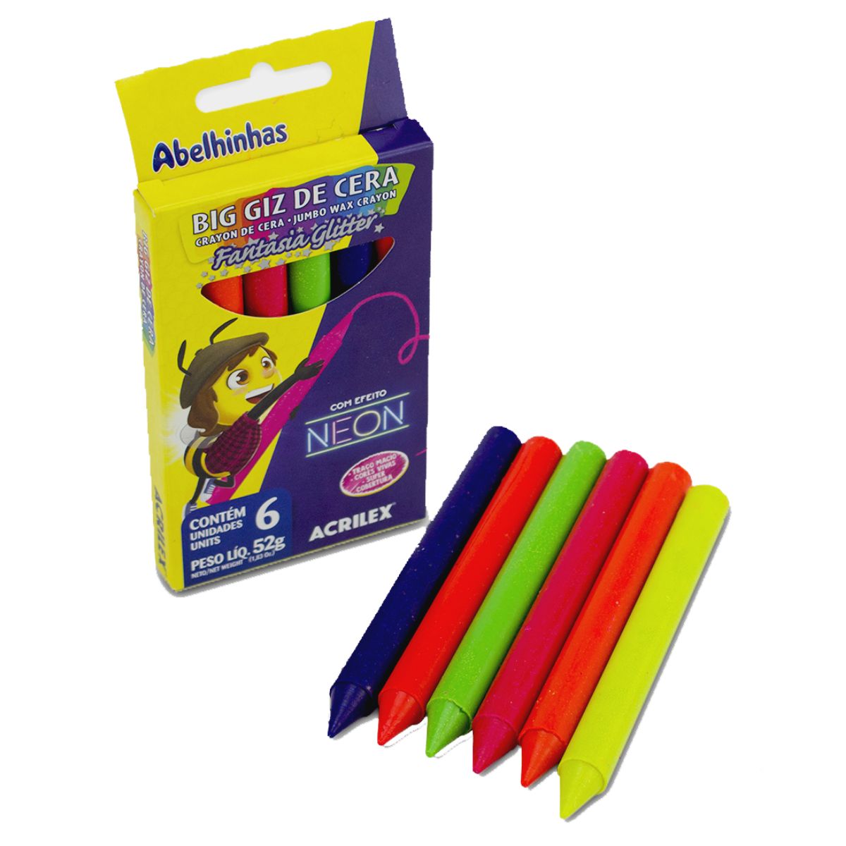 Encontraproduto.com.br - Big Giz de Cera 6 Cores 52g Fantasia Glitter Neon Acrilex - 09806