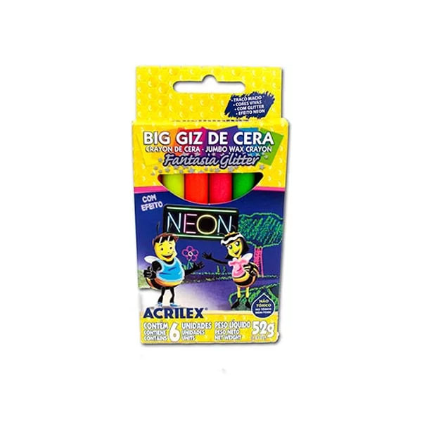 Encontraproduto.com.br - Big Giz de Cera 6 Cores 52g Fantasia Glitter Neon Acrilex - 09806