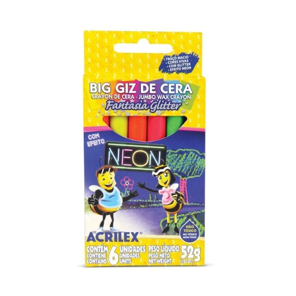 Encontraproduto.com.br - Big Giz de Cera 6 Cores 52g Fantasia Glitter Neon Acrilex - 09806