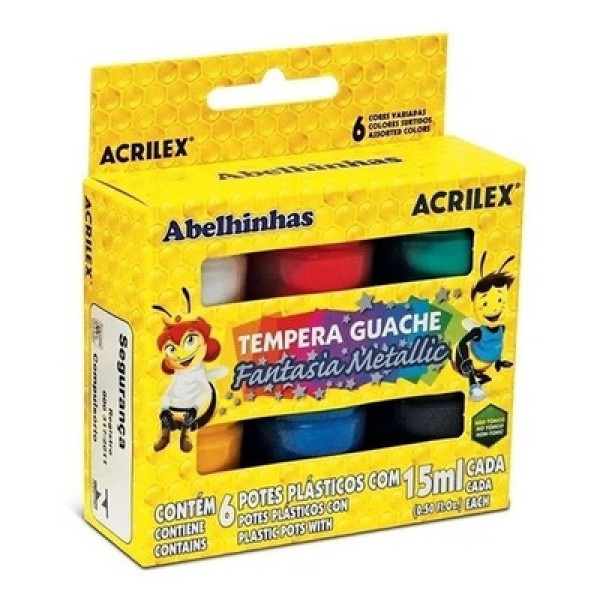 Tinta Tempera Guache Metálica C/6 Cores 15ml Cada - Acrilex