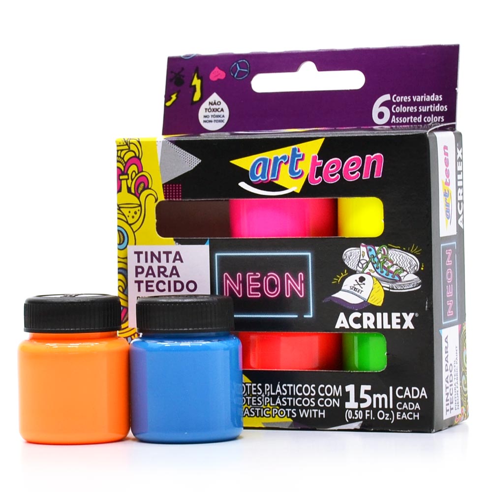 Encontraproduto.com.br - TINTA PARA TECIDO NEON ACRILEX 15ML COM 6 UNIDADES