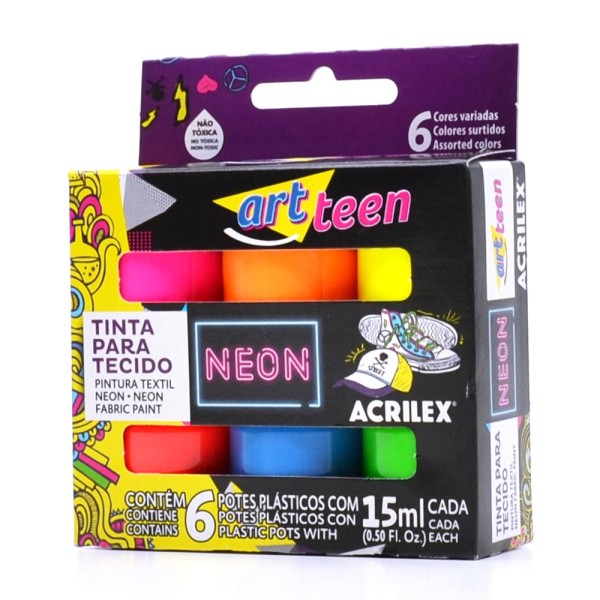 Encontraproduto.com.br - TINTA PARA TECIDO NEON ACRILEX 15ML COM 6 UNIDADES