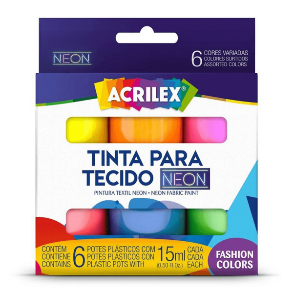 Encontraproduto.com.br - TINTA PARA TECIDO NEON ACRILEX 15ML COM 6 UNIDADES
