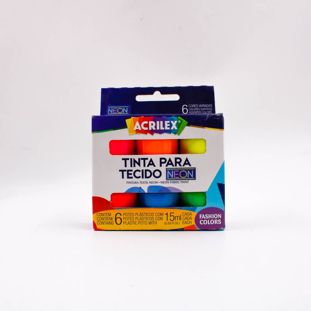Encontraproduto.com.br - TINTA PARA TECIDO NEON ACRILEX 15ML COM 6 UNIDADES