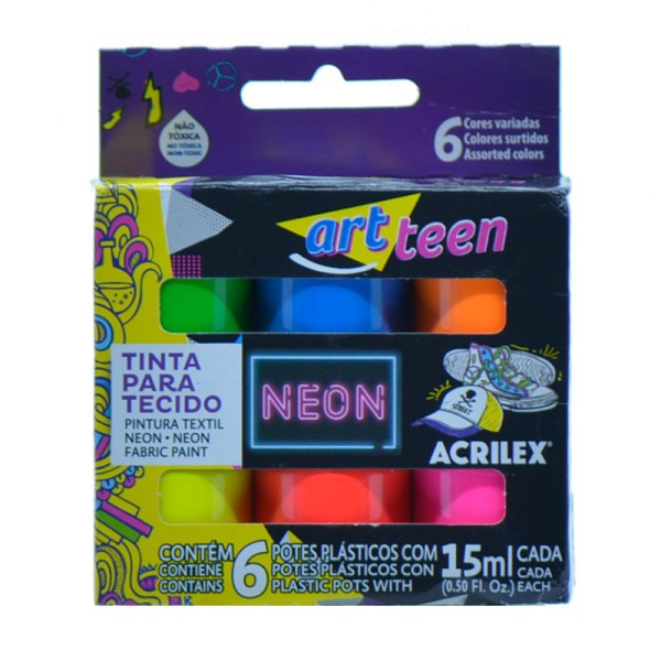 Encontraproduto.com.br - TINTA PARA TECIDO NEON ACRILEX 15ML COM 6 UNIDADES