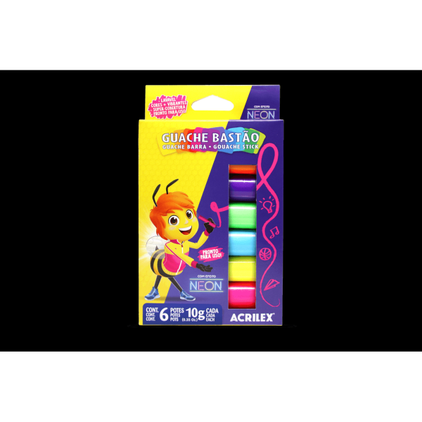 Encontraproduto.com.br - TEMPERA GUACHE 10G C/6 CORES BASTAO NEON R.020008