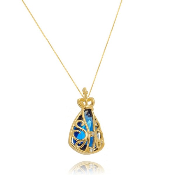 Encontraproduto.com.br - Colar Nossa Senhora Aparecida Pedra Azul Zirconia Banhado Em Ouro 18k