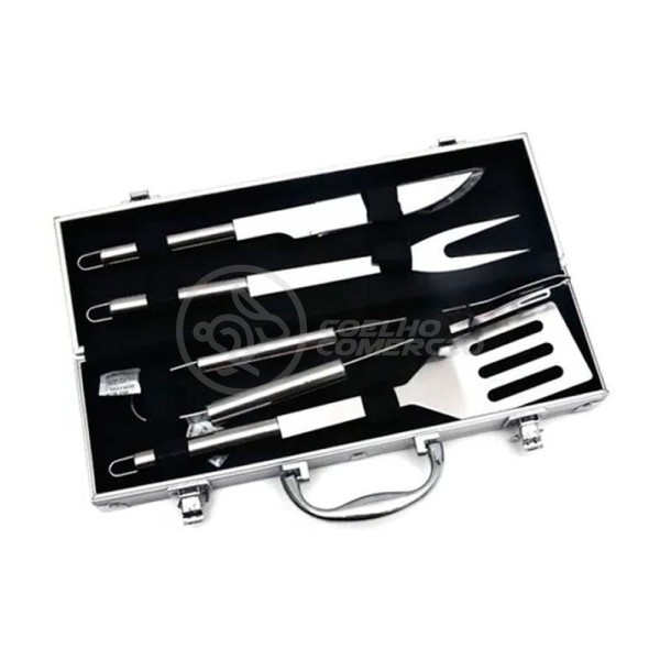 Encontraproduto.com.br - Kit P/ Churrasco Com 4Pçs Inox Espátula Faca Garfo Pegador