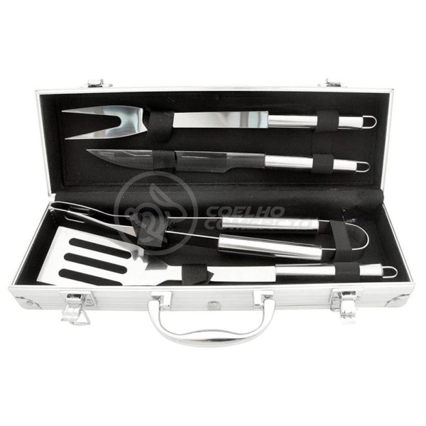 Encontraproduto.com.br - Kit P/ Churrasco Com 4Pçs Inox Espátula Faca Garfo Pegador