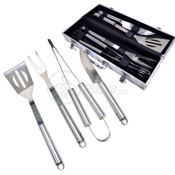 Encontraproduto.com.br - Kit P/ Churrasco Com 4Pçs Inox Espátula Faca Garfo Pegador