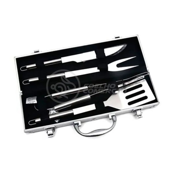 Encontraproduto.com.br - Kit P/ Churrasco Com 4Pçs Inox Espátula Faca Garfo Pegador