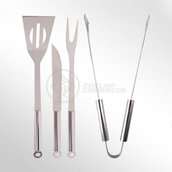 Encontraproduto.com.br - Kit P/ Churrasco Com 4Pçs Inox Espátula Faca Garfo Pegador