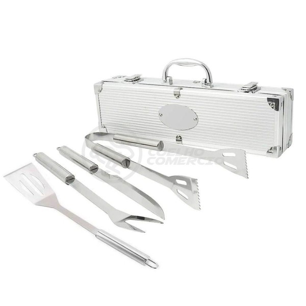Encontraproduto.com.br - Kit P/ Churrasco Com 4Pçs Inox Espátula Faca Garfo Pegador