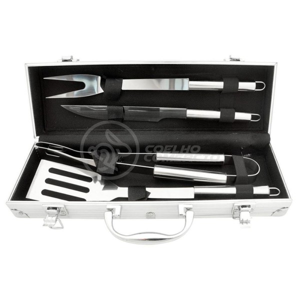 Encontraproduto.com.br - Kit P/ Churrasco Com 4Pçs Inox Espátula Faca Garfo Pegador