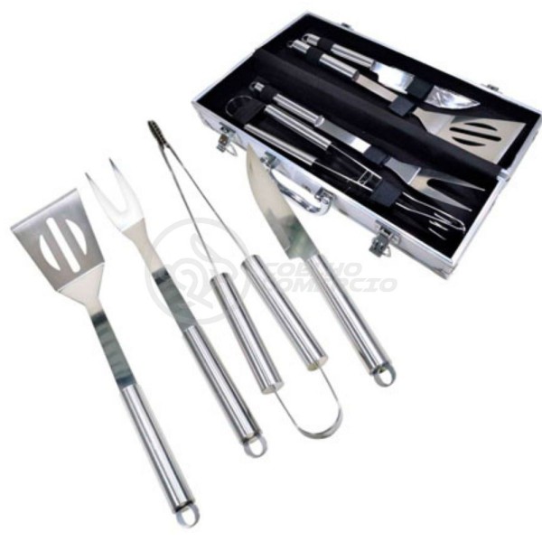 Encontraproduto.com.br - Kit P/ Churrasco Com 4Pçs Inox Espátula Faca Garfo Pegador
